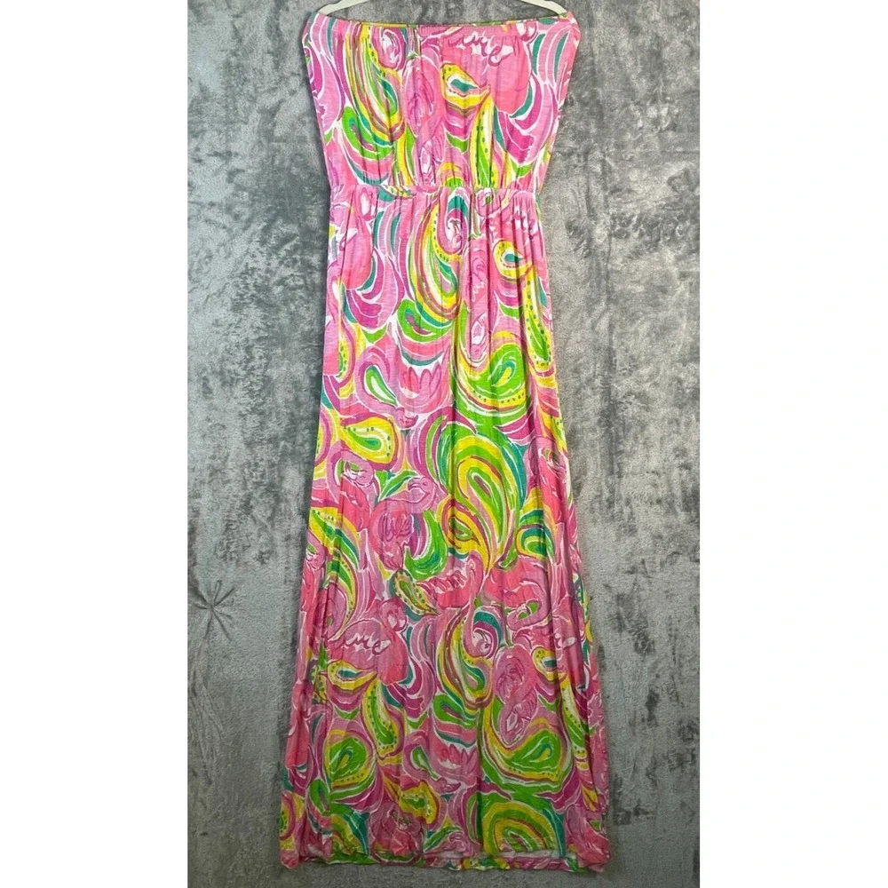 Lilly Pulitzer Marlisa All Nighter Strapless Maxi Dress Sz M Pink Green Flamingo - Picture 3 of 7